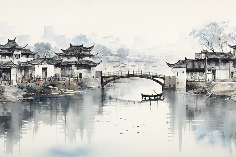 水墨江南粉墙黛瓦晕染插画