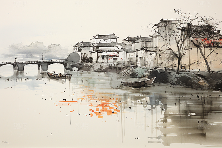 水墨江南中国风小镇插画