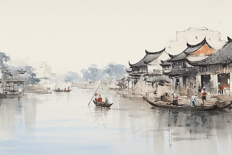 水墨江南水乡中式插画
