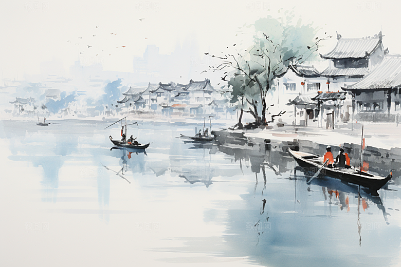 水墨江南粉墙黛瓦小镇插画