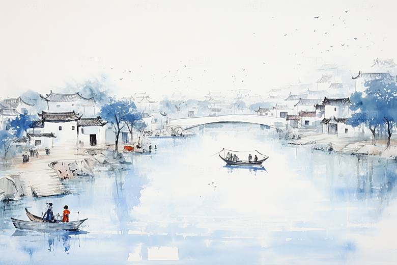 水墨江南粉墙黛瓦水乡插画