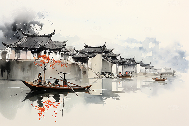 水墨江南中国风小镇插画