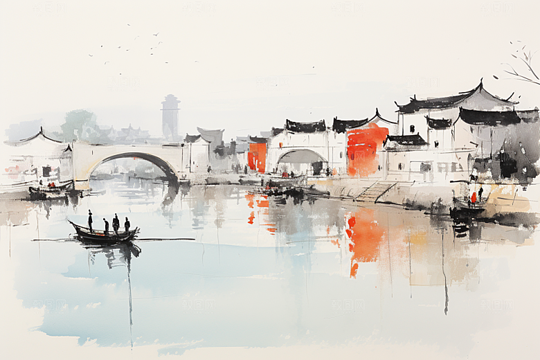 水墨江南小桥流水水乡插画