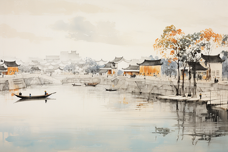 水墨江南水彩小镇插画