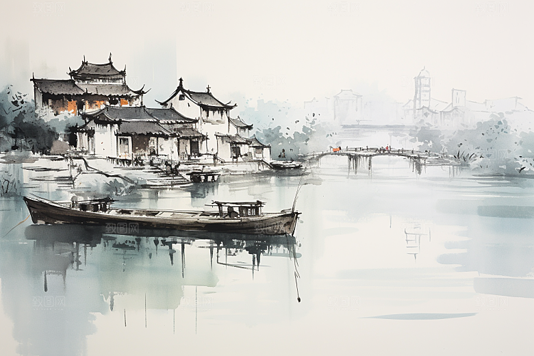 水墨江南晕染手绘插画