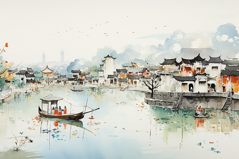 水墨江南中国风粉墙黛瓦插画