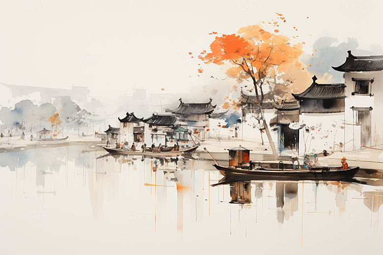 水墨江南水乡粉墙黛瓦插画