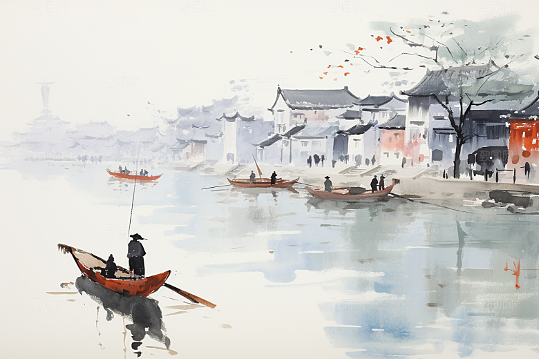 水墨江南晕染水彩插画