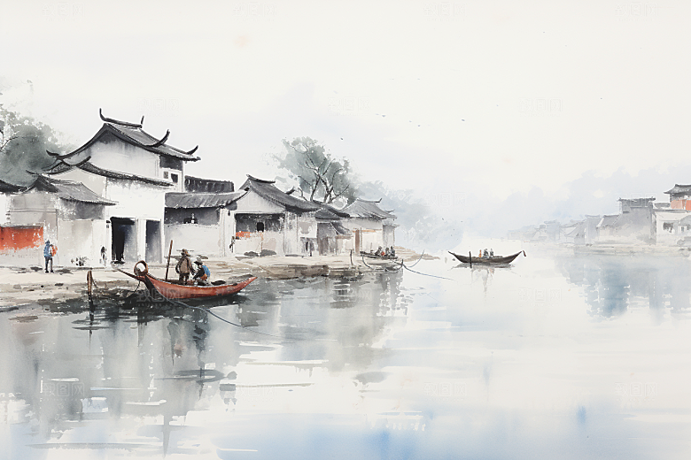 水墨江南小桥流水水彩插画