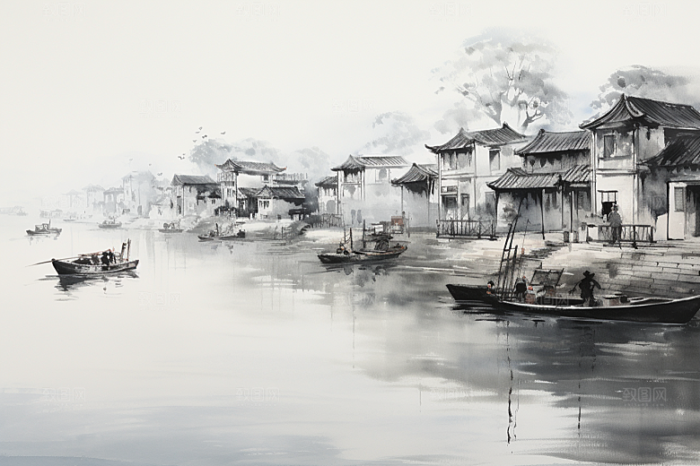 水墨江南小镇水彩插画