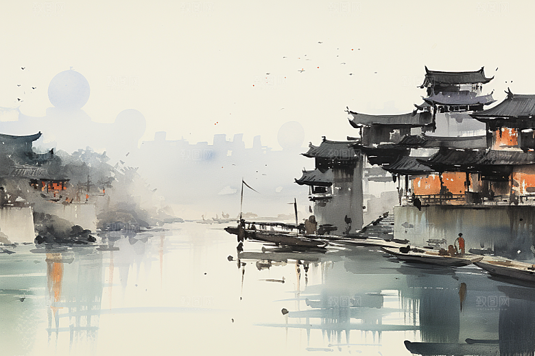 水墨江南粉墙黛瓦手绘插画
