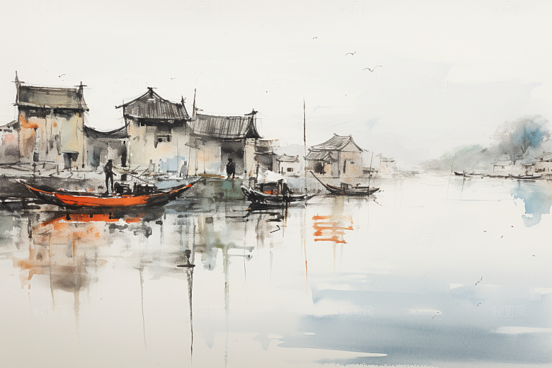 水墨江南小桥流水小镇插画