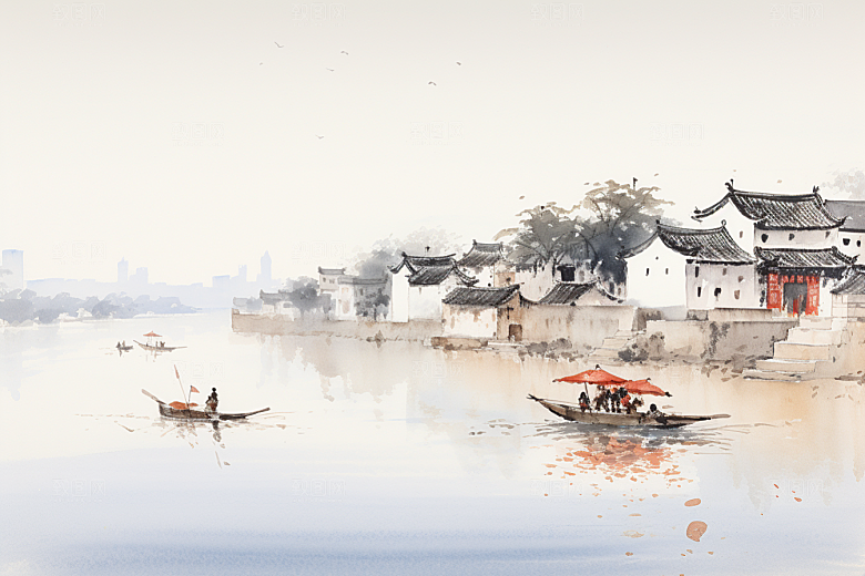水墨江南手绘小镇插画