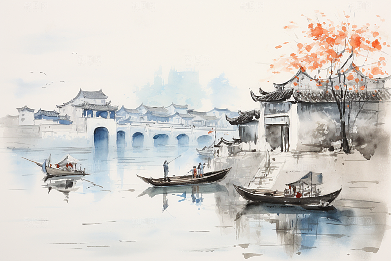 水墨江南粉墙黛瓦手绘插画