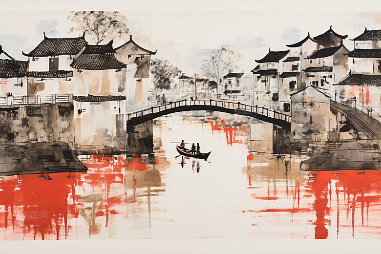 水墨江南小镇水乡插画