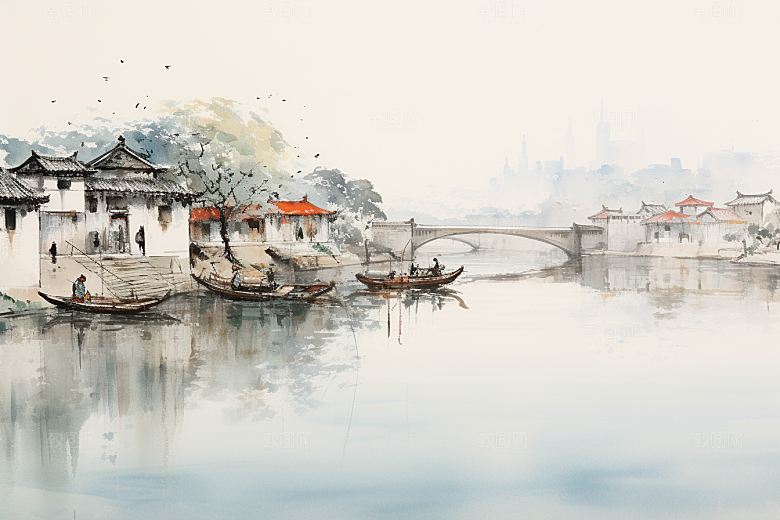 水墨江南小镇中国风插画