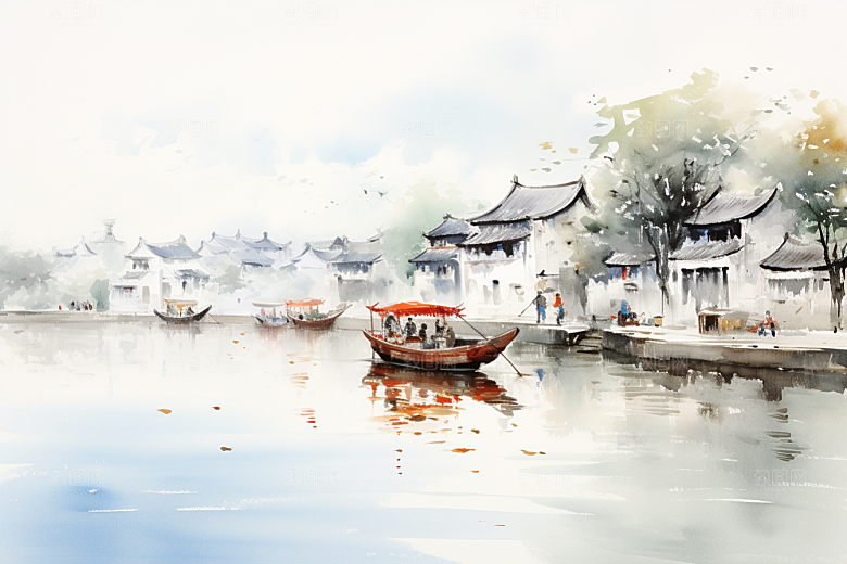 水墨江南水彩手绘插画