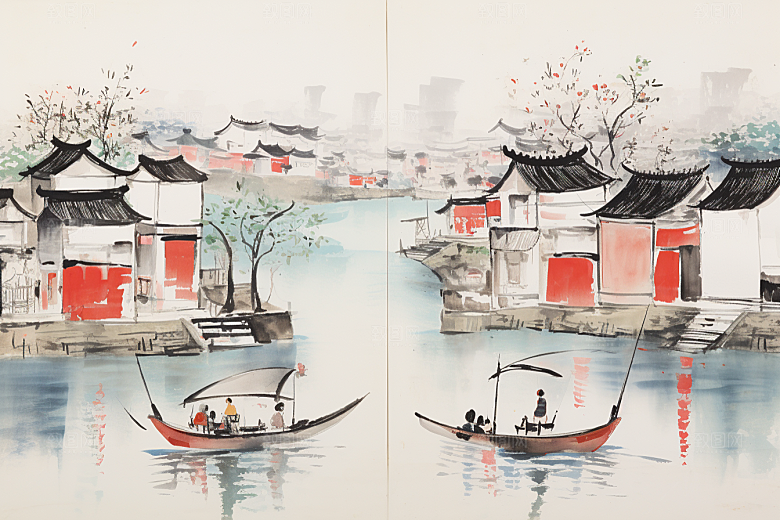 水墨江南手绘水乡插画
