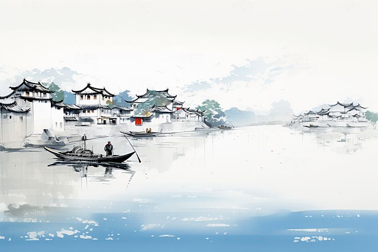 水墨江南水乡晕染插画