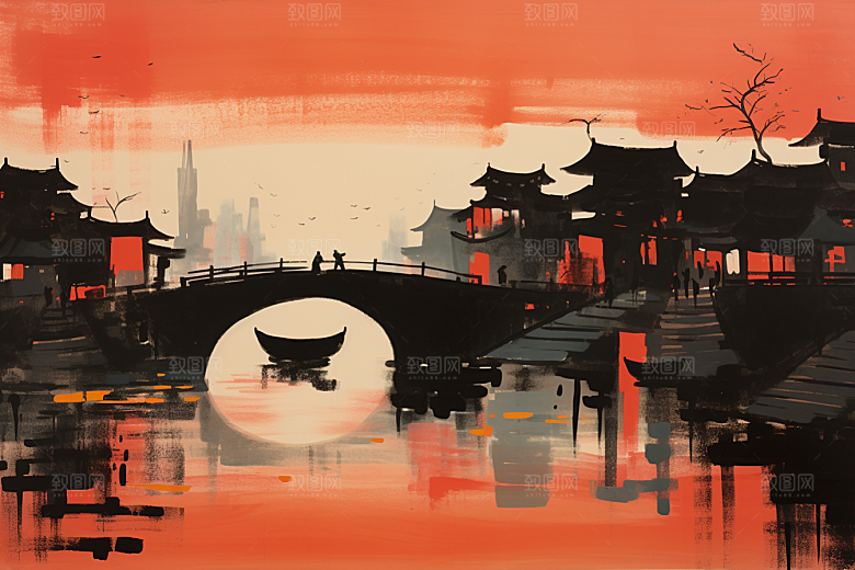 水墨江南中国风粉墙黛瓦插画