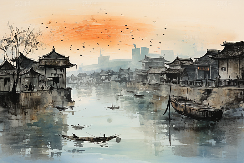 水墨江南手绘水彩插画
