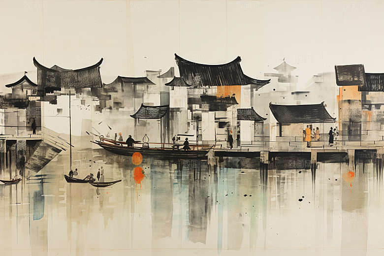 水墨江南水乡粉墙黛瓦插画