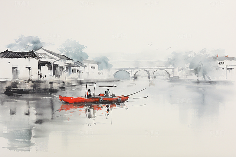 水墨江南小镇水彩插画