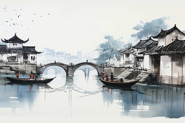 水墨江南手绘水乡插画