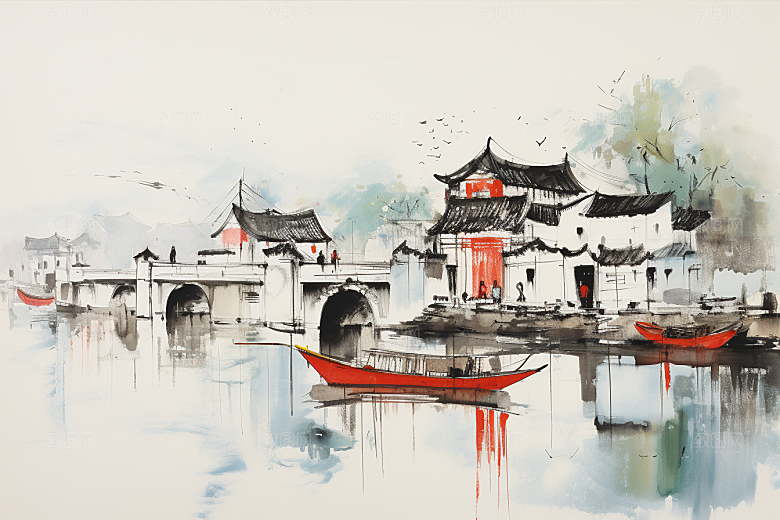 水墨江南水彩手绘插画