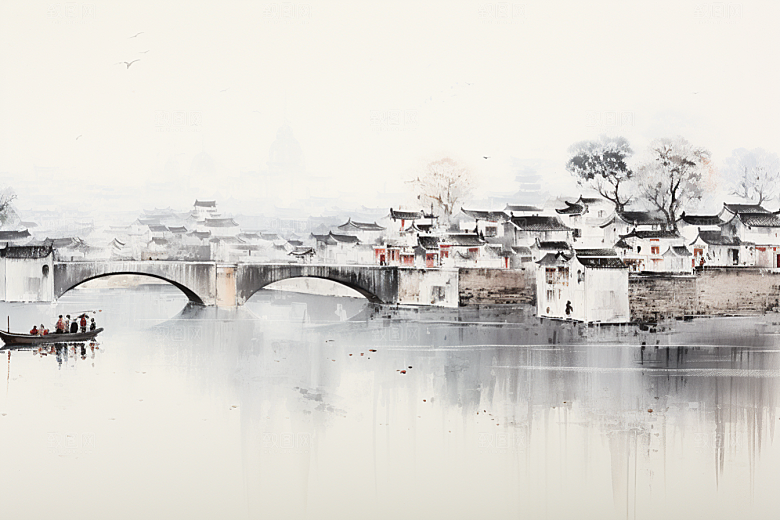 水墨江南小镇中式插画