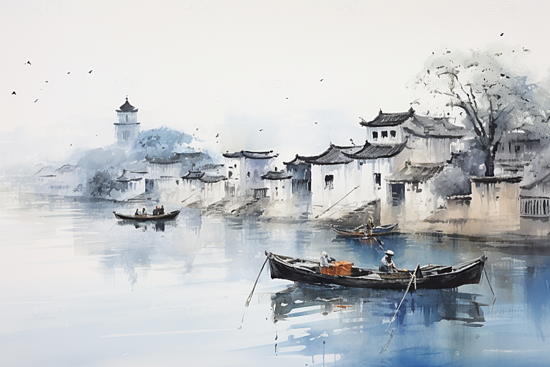 水墨江南中国风粉墙黛瓦插画