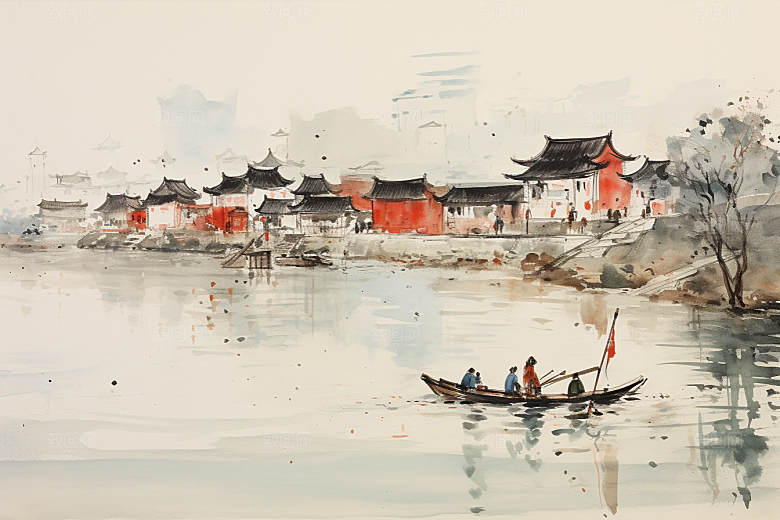 水墨江南粉墙黛瓦晕染插画