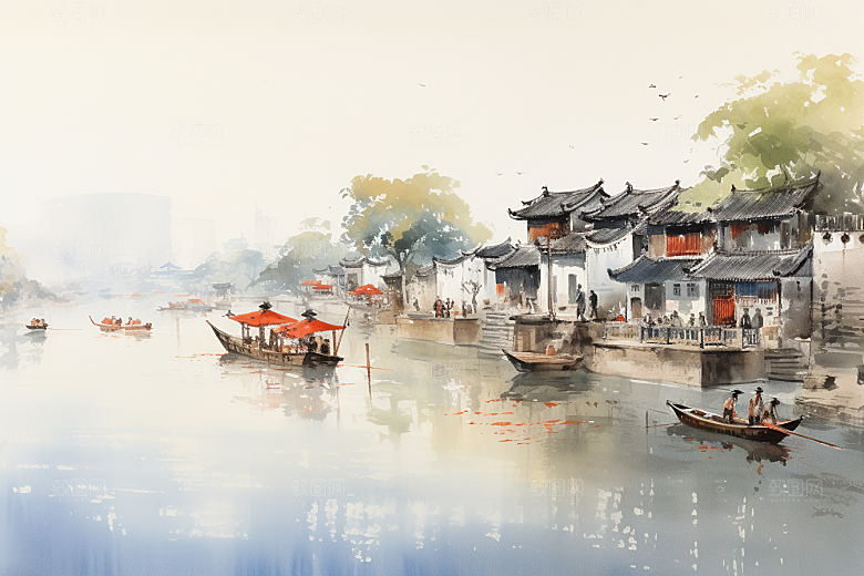 水墨江南水彩中国风插画