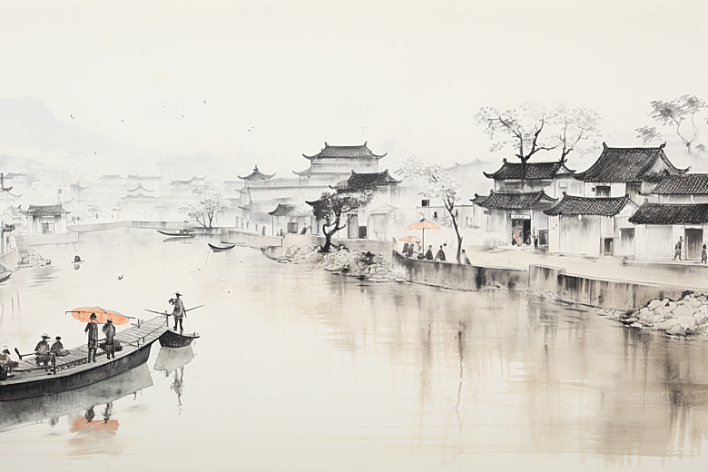 水墨江南中式水乡插画