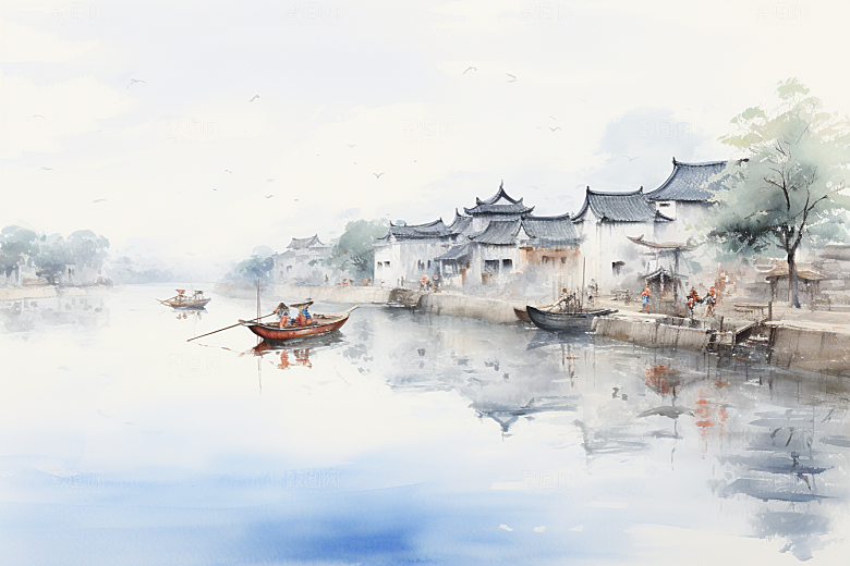 水墨江南手绘小镇插画