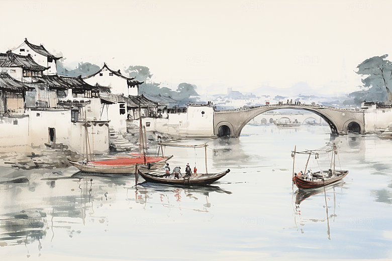 水墨江南中国风晕染插画