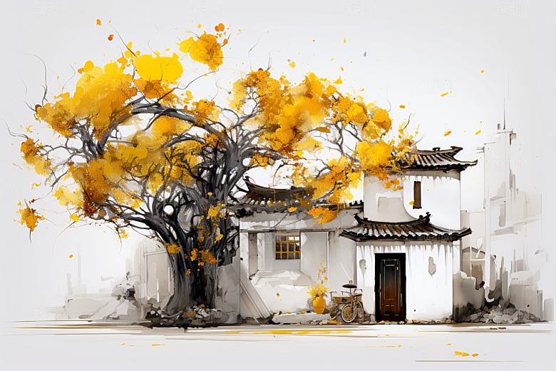 水墨江南小桥流水晕染插画