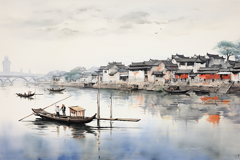 水墨江南中式水乡插画