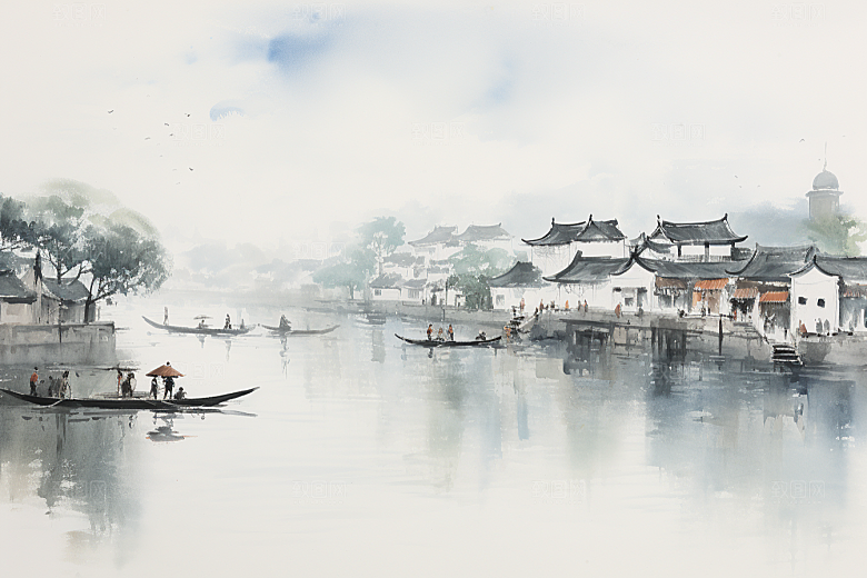 水墨江南水彩水乡插画