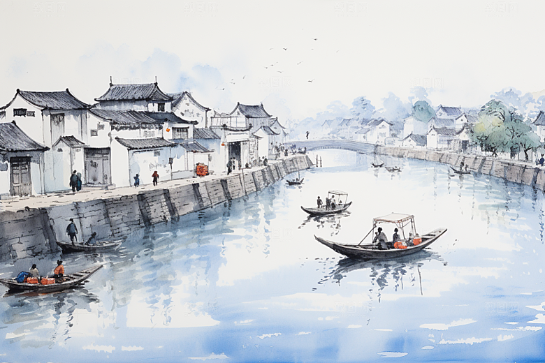 水墨江南手绘粉墙黛瓦插画