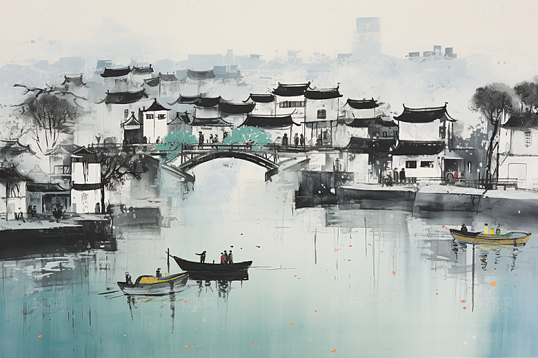 水墨江南小桥流水中式插画