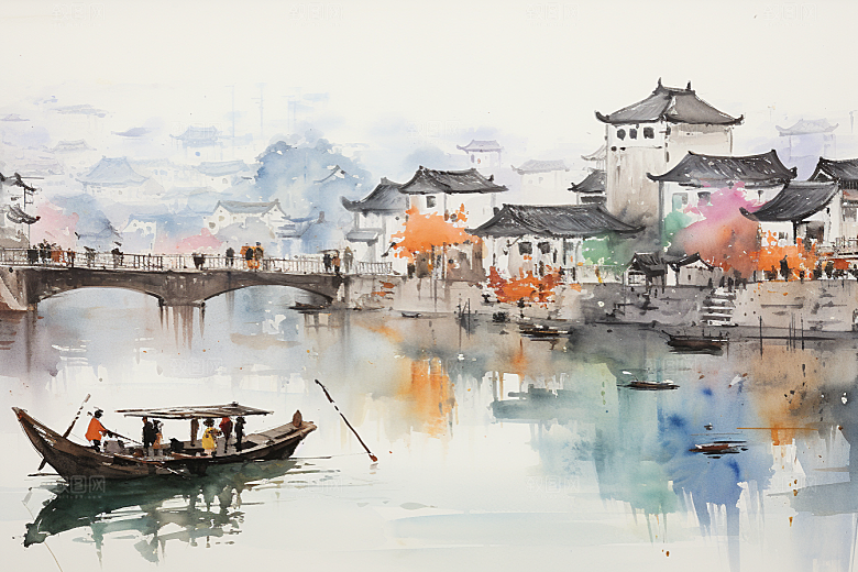 水墨江南手绘水乡插画