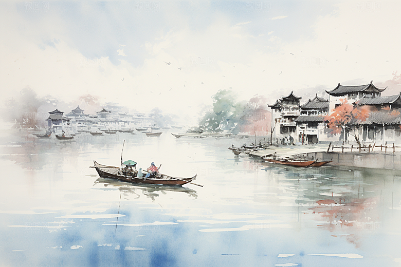 水墨江南小镇中国风插画
