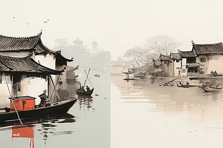 水墨江南小桥流水手绘插画