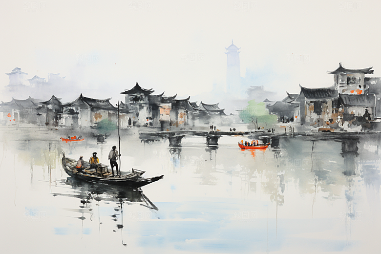 水墨江南小桥流水粉墙黛瓦插画