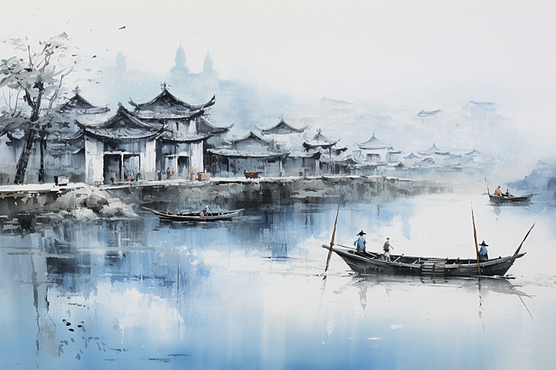 水墨江南小镇粉墙黛瓦插画