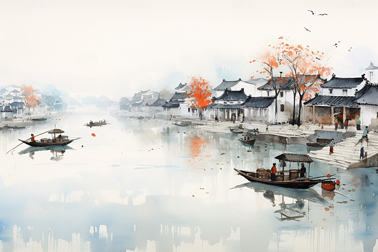 水墨江南粉墙黛瓦水乡插画