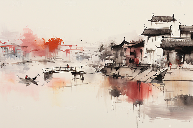 水墨江南中国风小镇插画