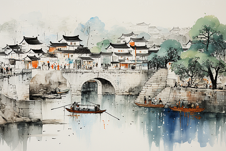 水墨江南中式晕染插画