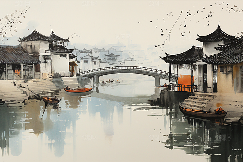 水墨江南手绘晕染插画